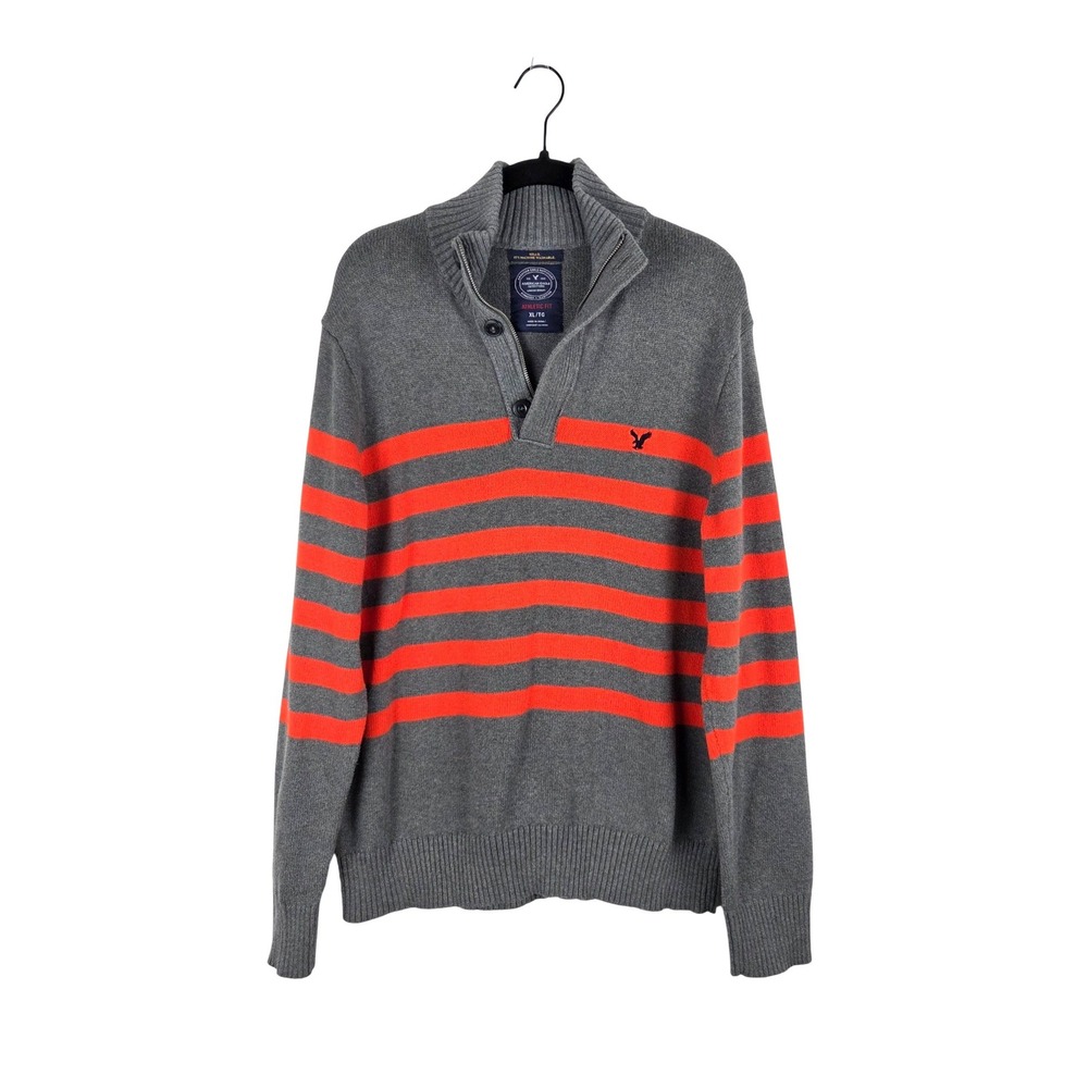 American Eagle Mens Gray Orange Striped XL Quarter Zip Button Sweater Preppy Y2K
